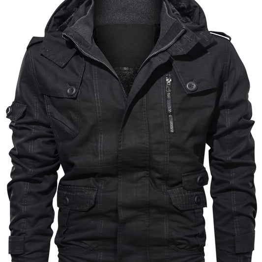 Men's Fleece Warm Cargo Hooded Jacket Vintage Long Sleeves For Winter