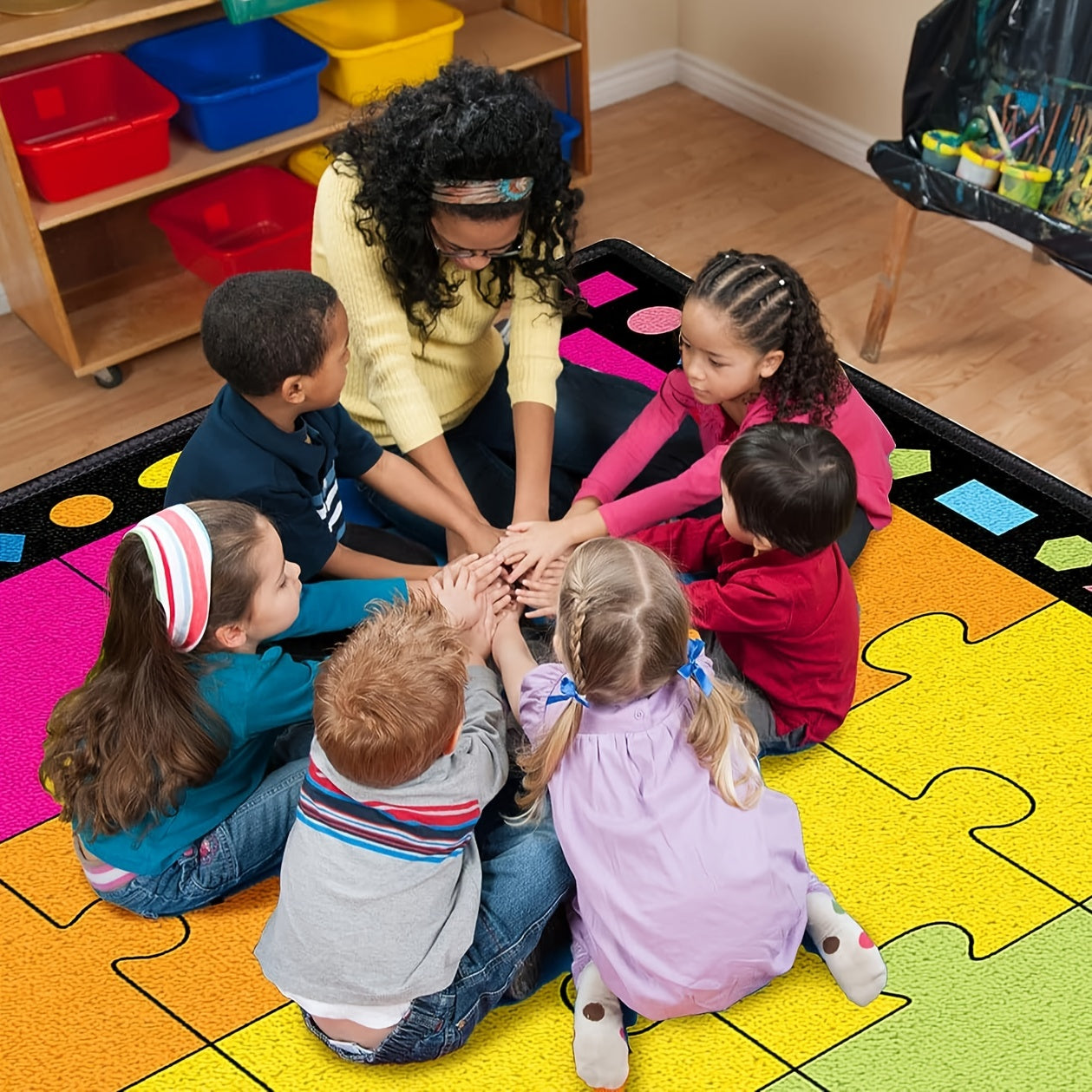 Colorful Puzzle Seating Rug for Nursery School Learning Area