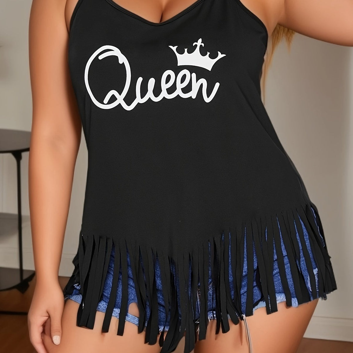  Crown Letter Print Cami Top with Tassel Trim