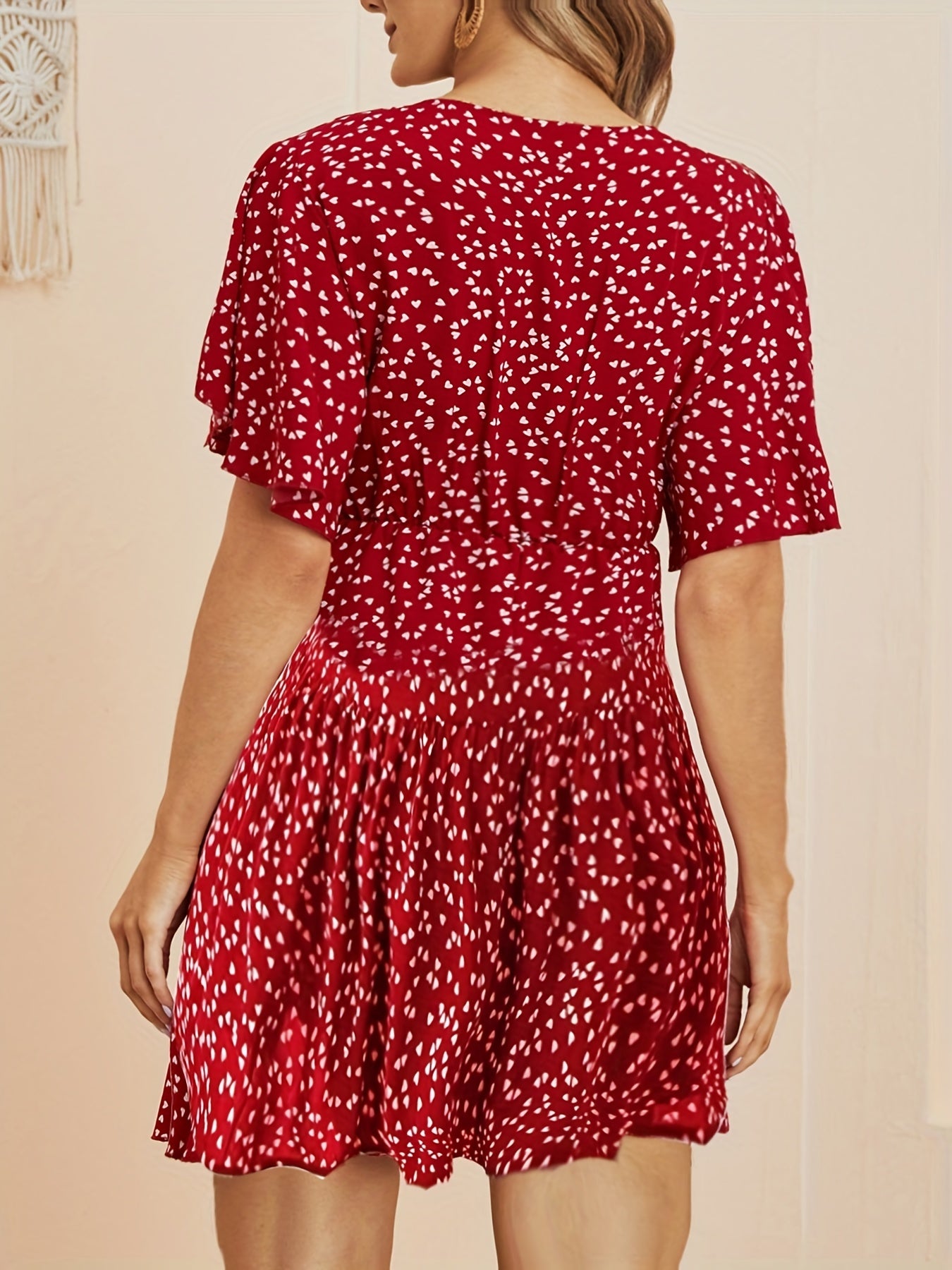  Heart Print Bell Sleeve Smock Dress