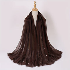 Rhinestone Faux Pearl Decor Scarf Hijab Solid Frayed Edge Shawl