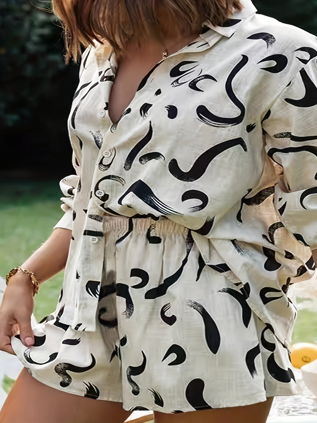  Print Long Sleeve Blouse & Loose Shorts Set