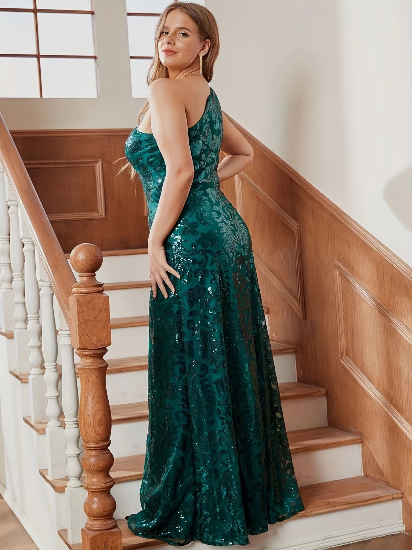  Solid Sequin One Shoulder Maxi Dress