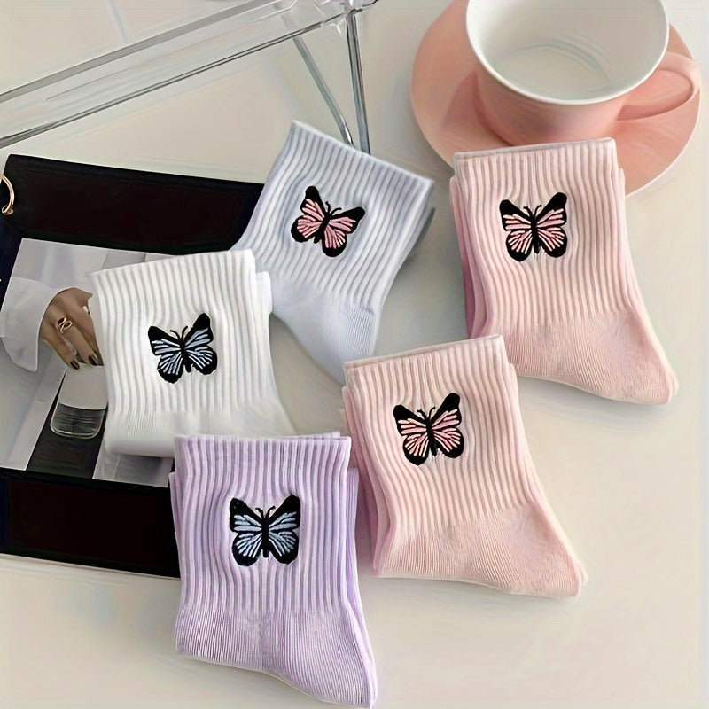 4 Pairs Butterfly Pattern Ribbed Socks Soft Mid Tube Women's Stockings