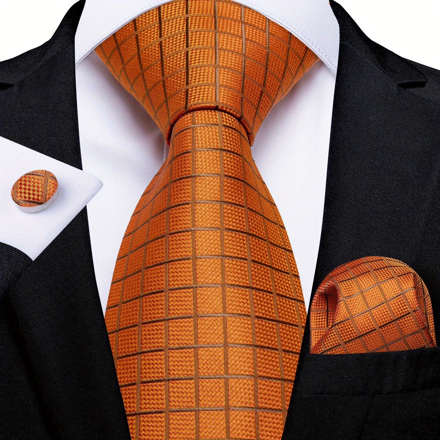 Men's Plaid Orange Silk Tie Set for Wedding Party