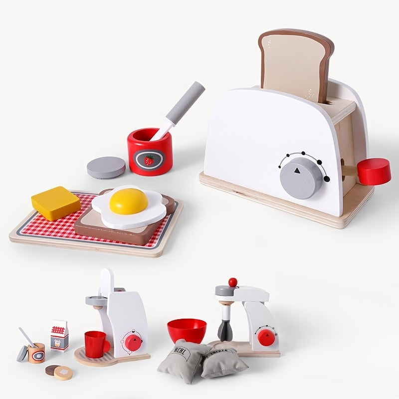 Wooden Toy Set Pop-up Toaster & Coffee Machine Set for Kids