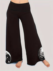 Women's Plus Moon Print Wide Waistband Wide Leg Medium Stretch Trousers