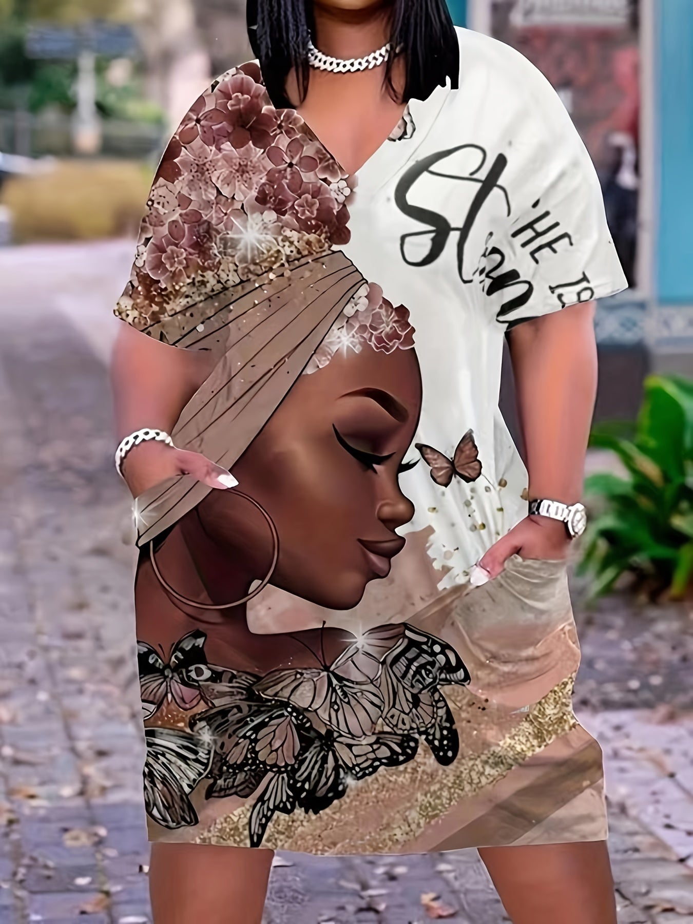 Women's Plus Figure & Butterfly Print Short Sleeve V Neck Tee Dress
