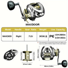 Baitcasting Reel 7.2:1 Metal Fishing 12kg Tensile