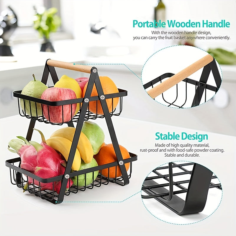 2 Tier Metal Storage Basket for Countertop with Wooden Handle