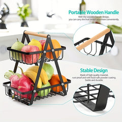 2 Tier Metal Storage Basket for Countertop with Wooden Handle