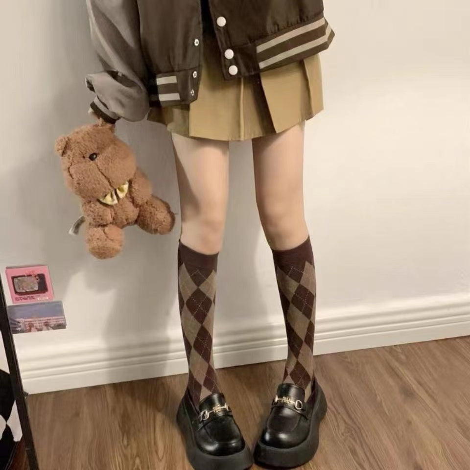 Argyle Calf Socks College Style Knee High Socks Women's Stockings
