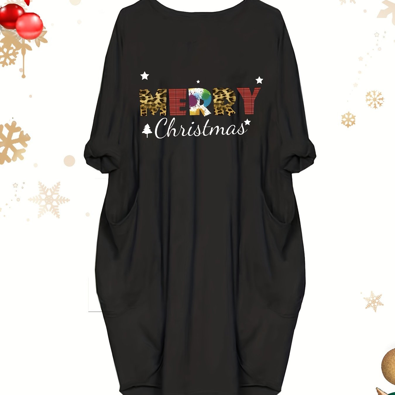  Christmas Casual Dress Women's Plus Slogan Print Dress