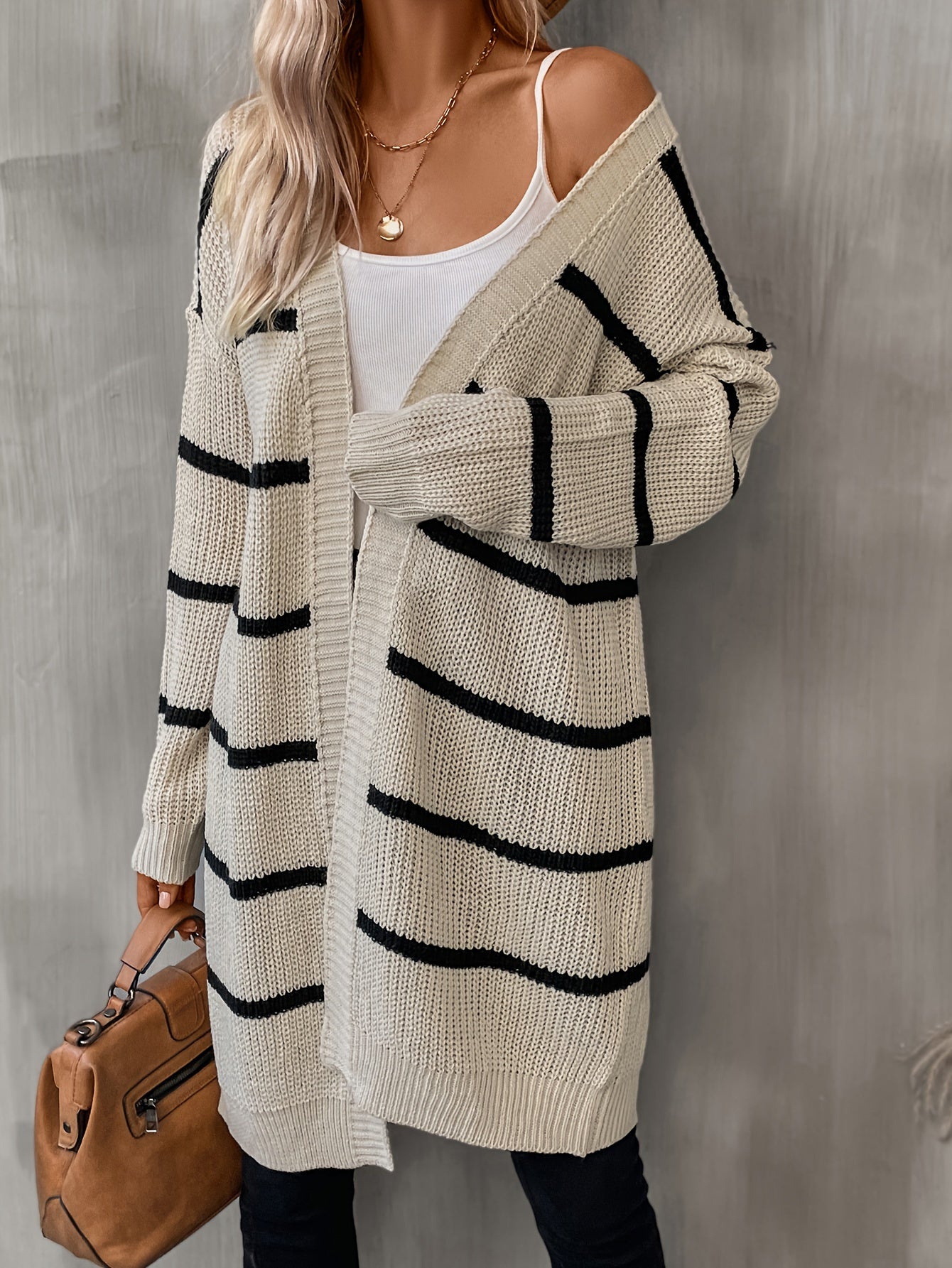 Striped Open Front Drop Shoulder Cardigan Casual Long Sleeve Cardigan