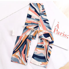Pink Geometric Print Satin Ribbon Long Small Silk Scarf