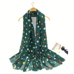 Polka Dot Print Scarf Warm Shawl Women Frayed Edge Head Wrap