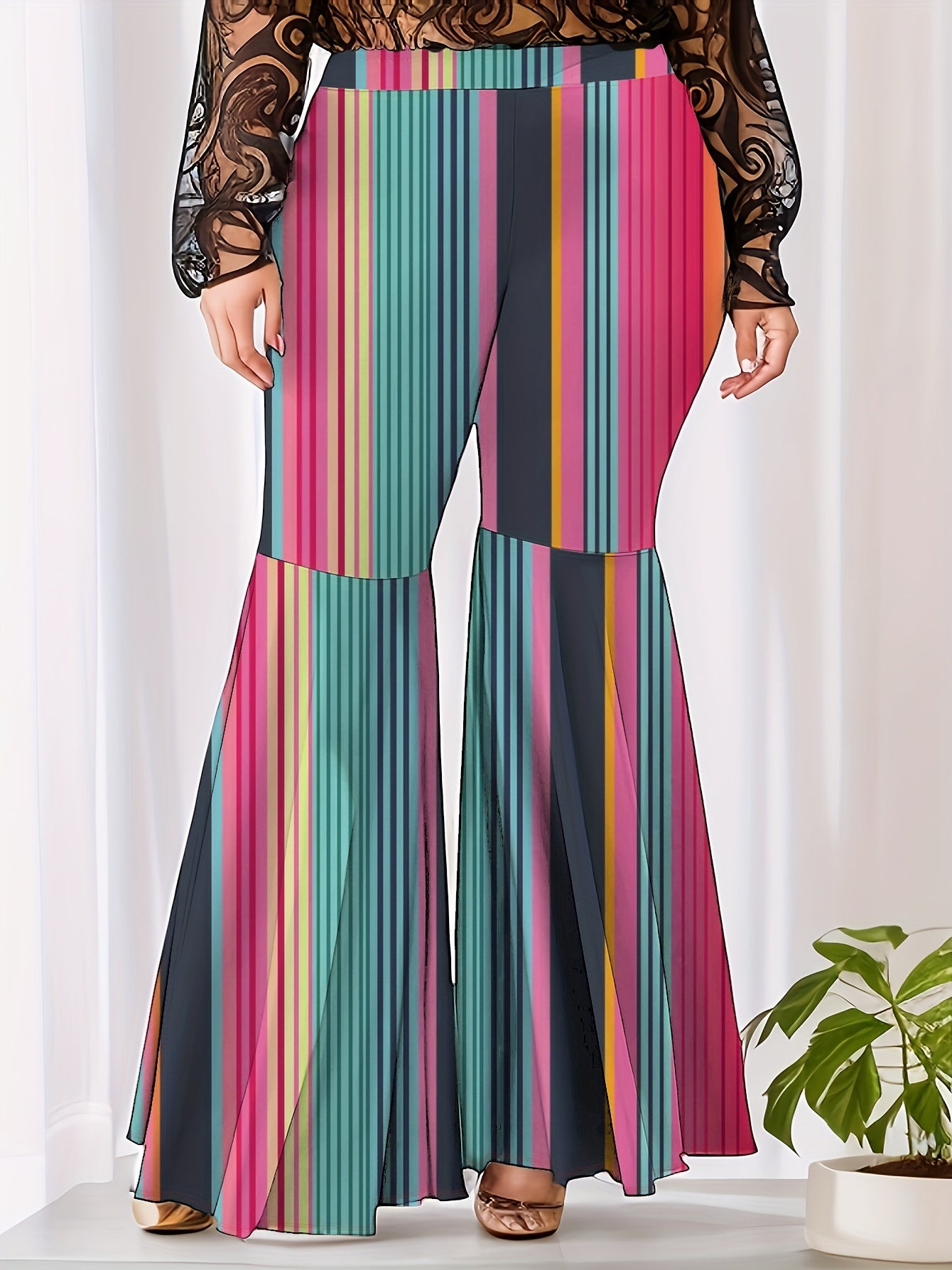 Women's Plus Striped Print Flared Leg Stretch Trousers