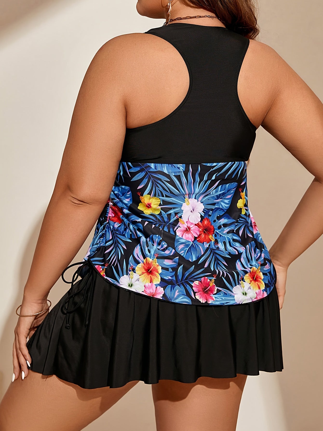  Vacay Tankini Set Tropical Print Side Lace Up Racer Back Tank Top