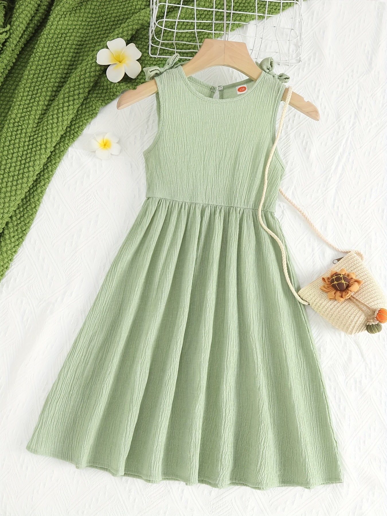Girl's Summer Sundress Sleeveless Wrinkles Texture Midi Dress