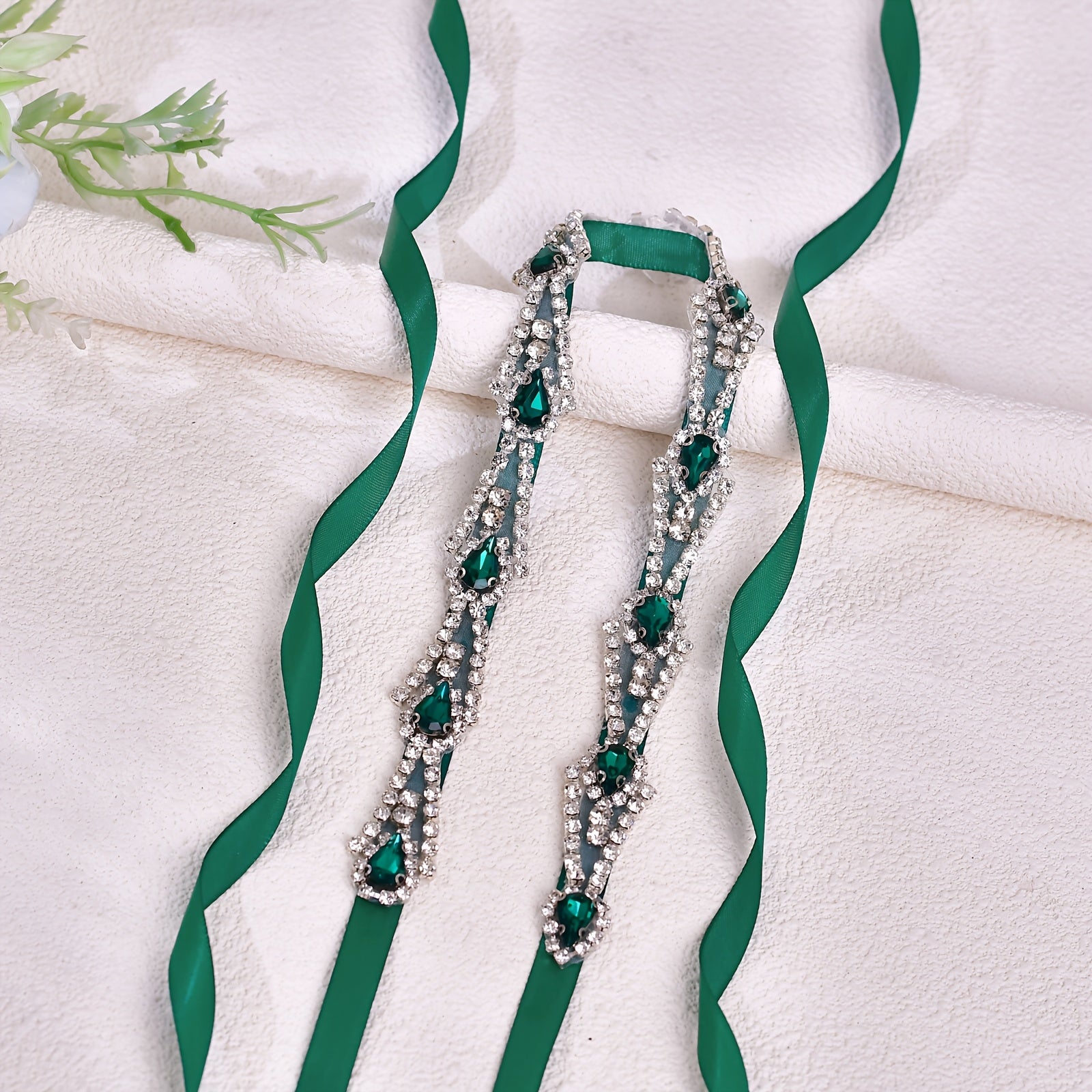Green Satin Sash with Rhinestone Belt for Bridal Waist Accessory