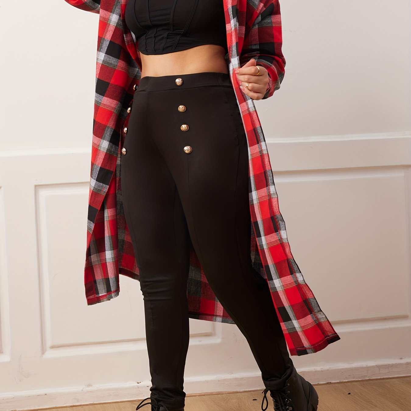  Plaid Print Hooded Blouse