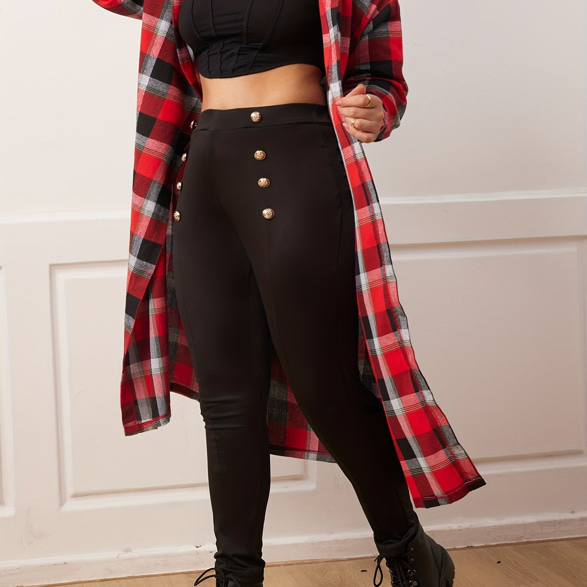  Plaid Print Hooded Blouse