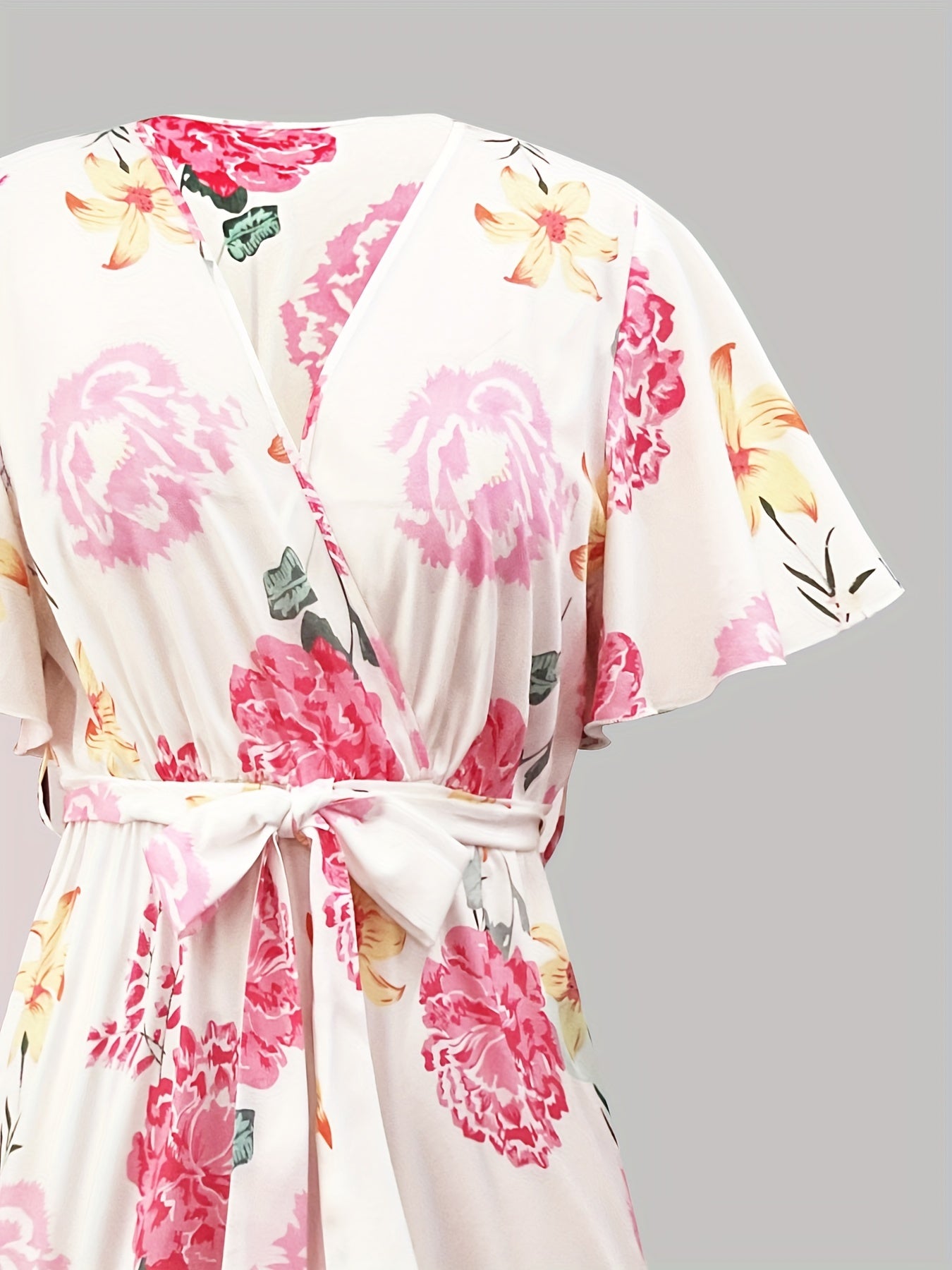  Floral Print Butterfly Sleeve Smock Pleated Dress
