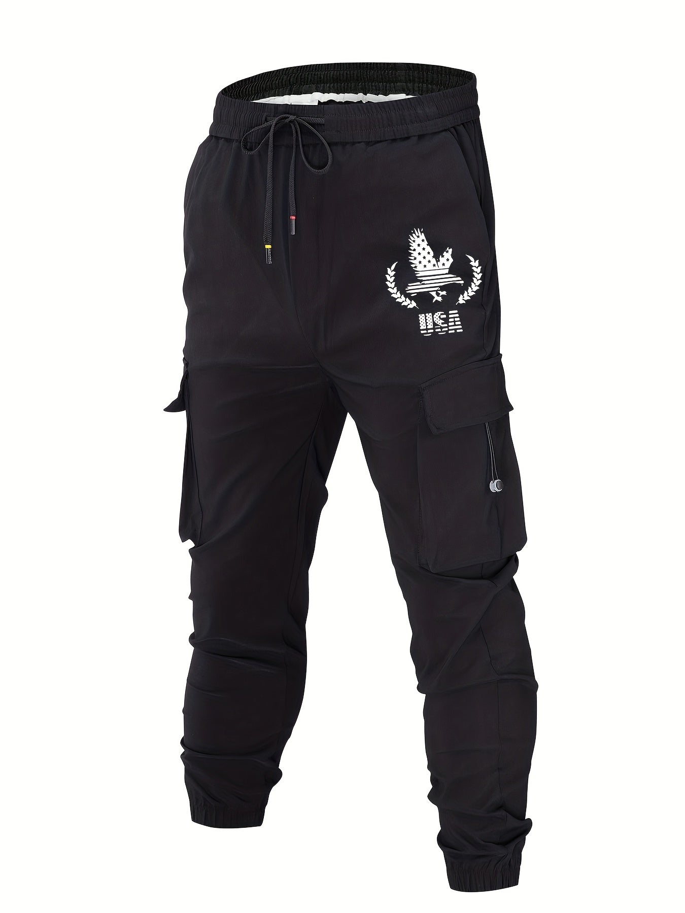 Eagle Print Classic Cargo Pants Men's Loose Fit Drawstring Solid Joggers