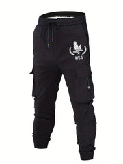 Eagle Print Classic Cargo Pants Men's Loose Fit Drawstring Solid Joggers