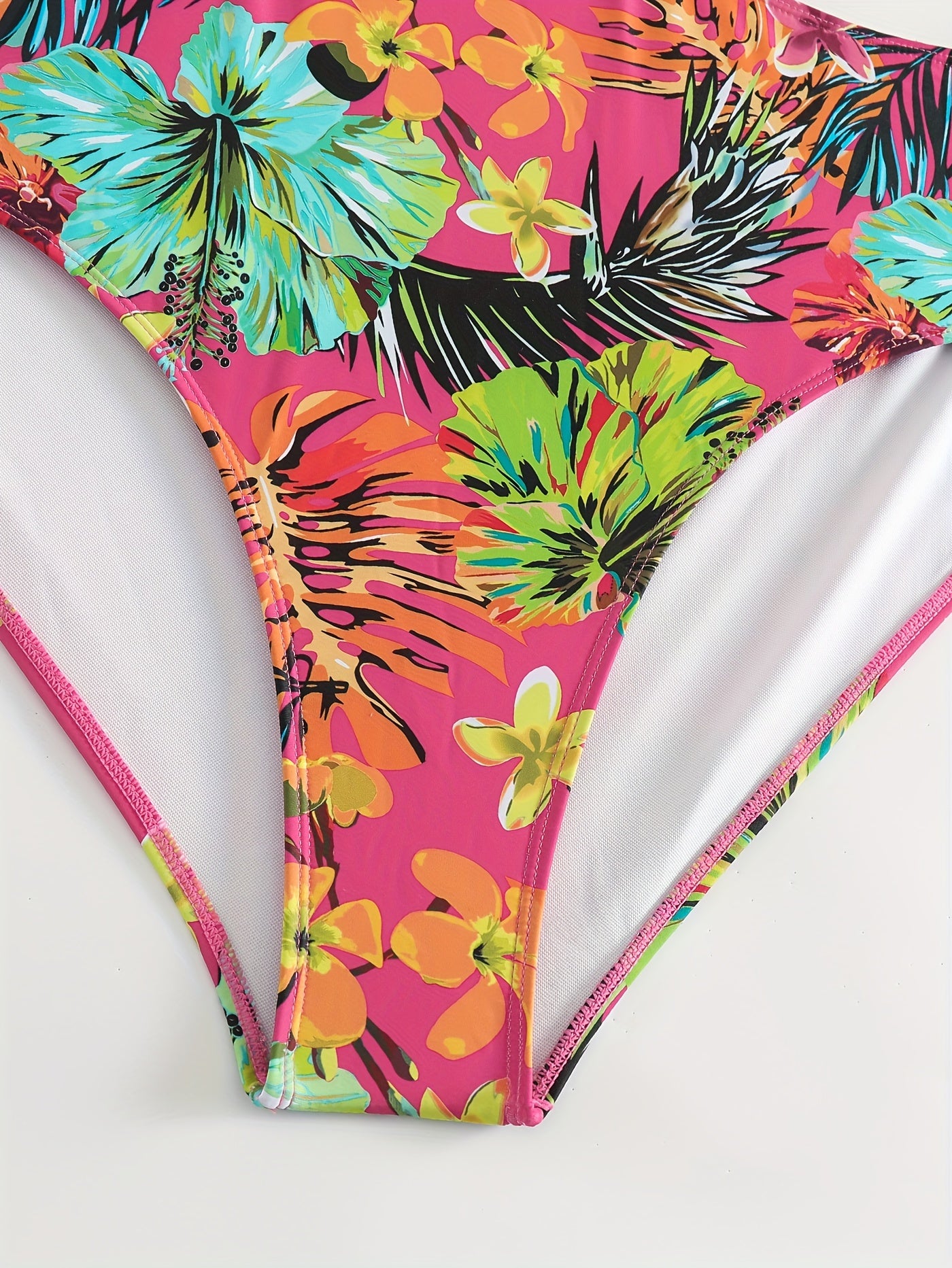  Tropical Print Cut Out Halter One Piece Swimsuit