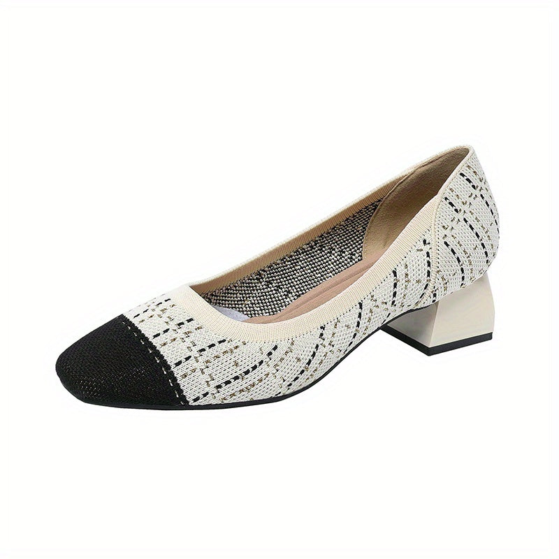 Women's Knitted Mid Heels Colorblock Slip On Shoes Chunky Heels