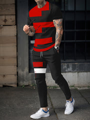 Men's Stripe 2 Piece Outfits T-shirt & Drawstring Sweatpants Set