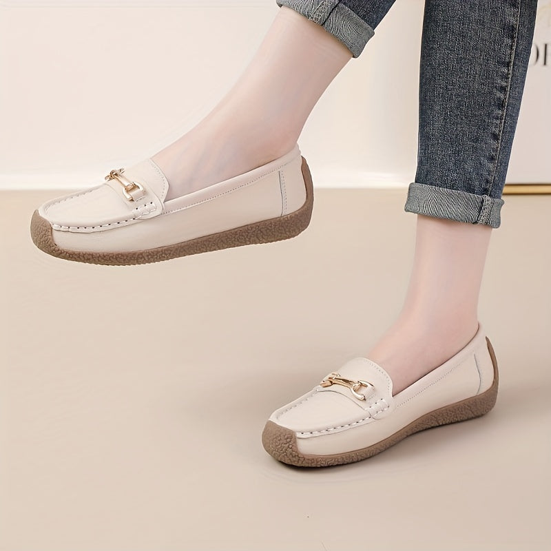 Flat Loafers with Metallic Buckle - Casual Walking Shoes