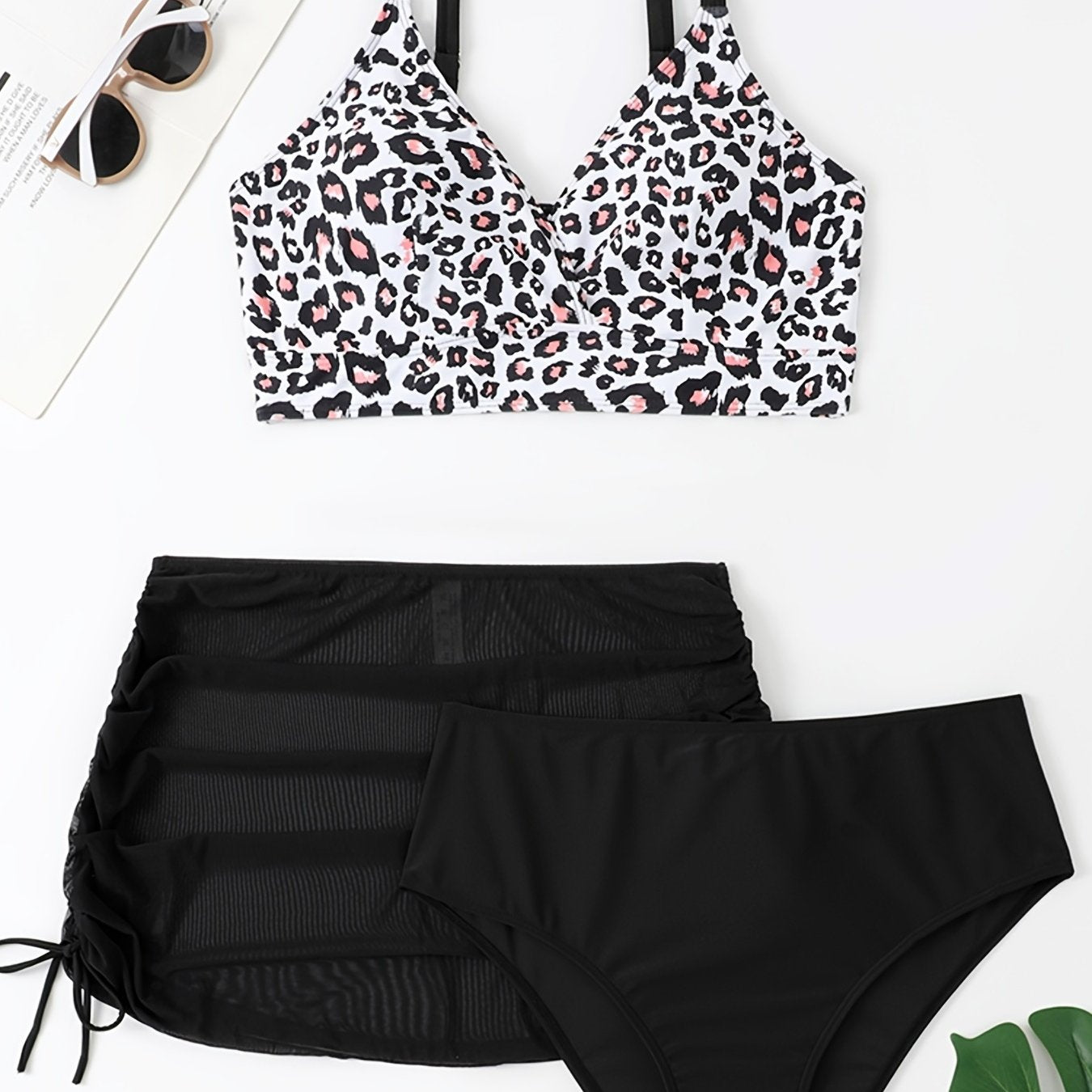 Leopard Print Cami Top & Drawstring Skirt & Panties 3pcs Set