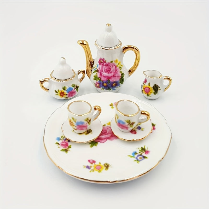 Floral Tea Set for Dolls - Teapot, Cups, Saucers, Tray - Flower Patterns