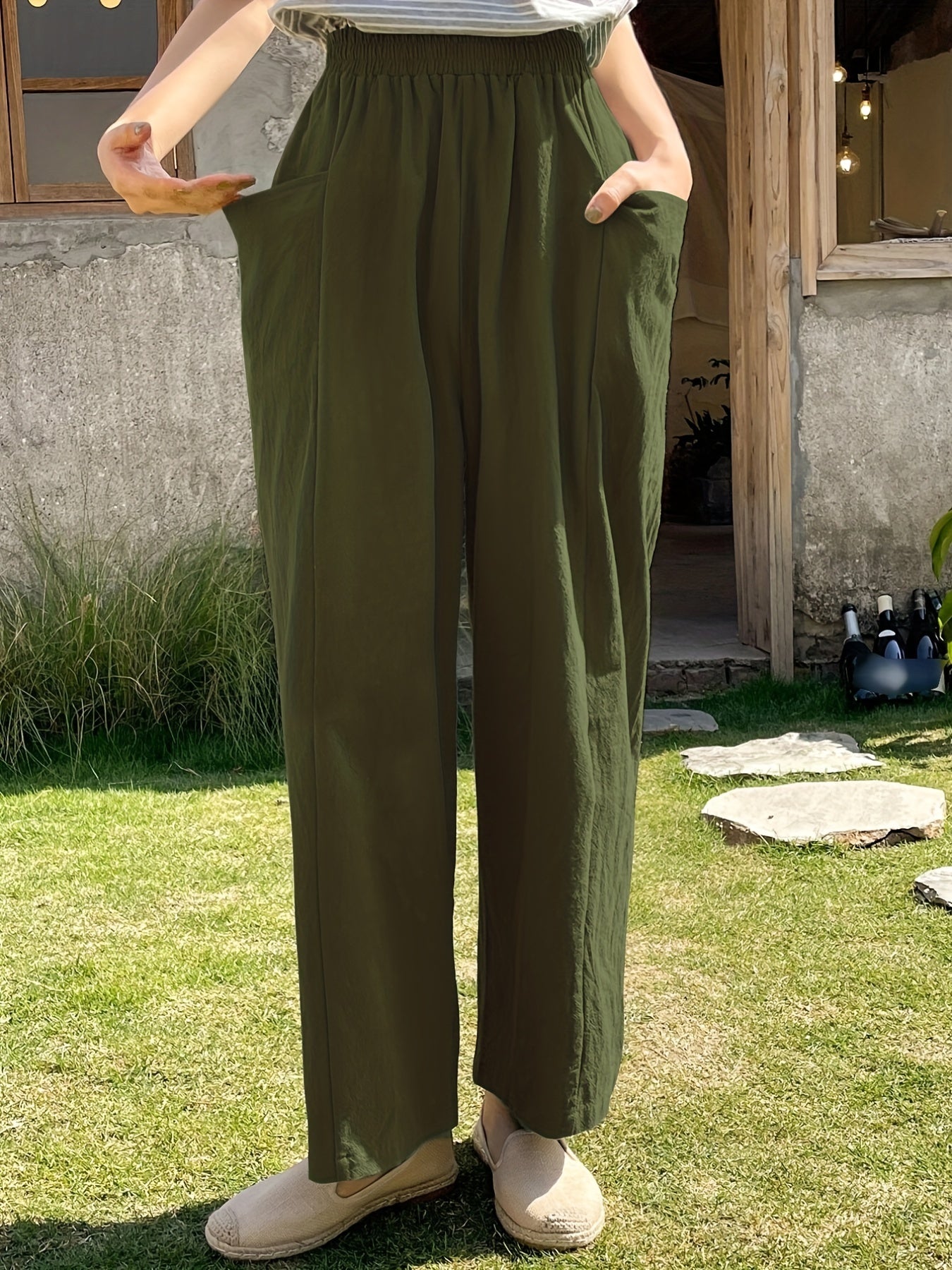 Solid Pocket Straight Leg Pants for Women