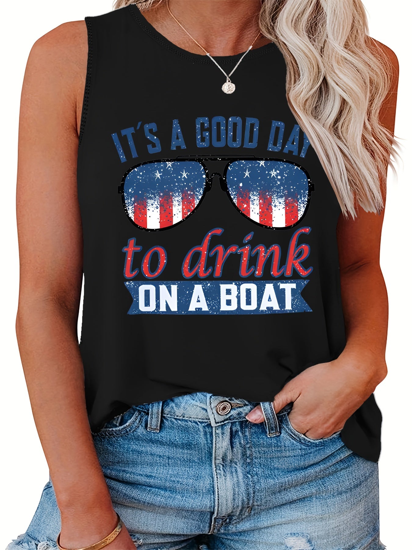  Casual Tank Top Women's Plus Flag Pattern Glasses & Slogan Print