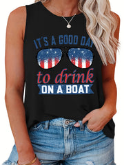  Casual Tank Top Women's Plus Flag Pattern Glasses & Slogan Print