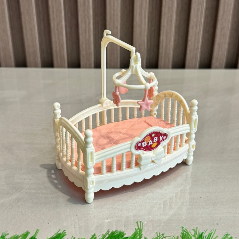Plastic Dolls House Cradle Bed with Pastel Colors & Intricate Lace Patterns