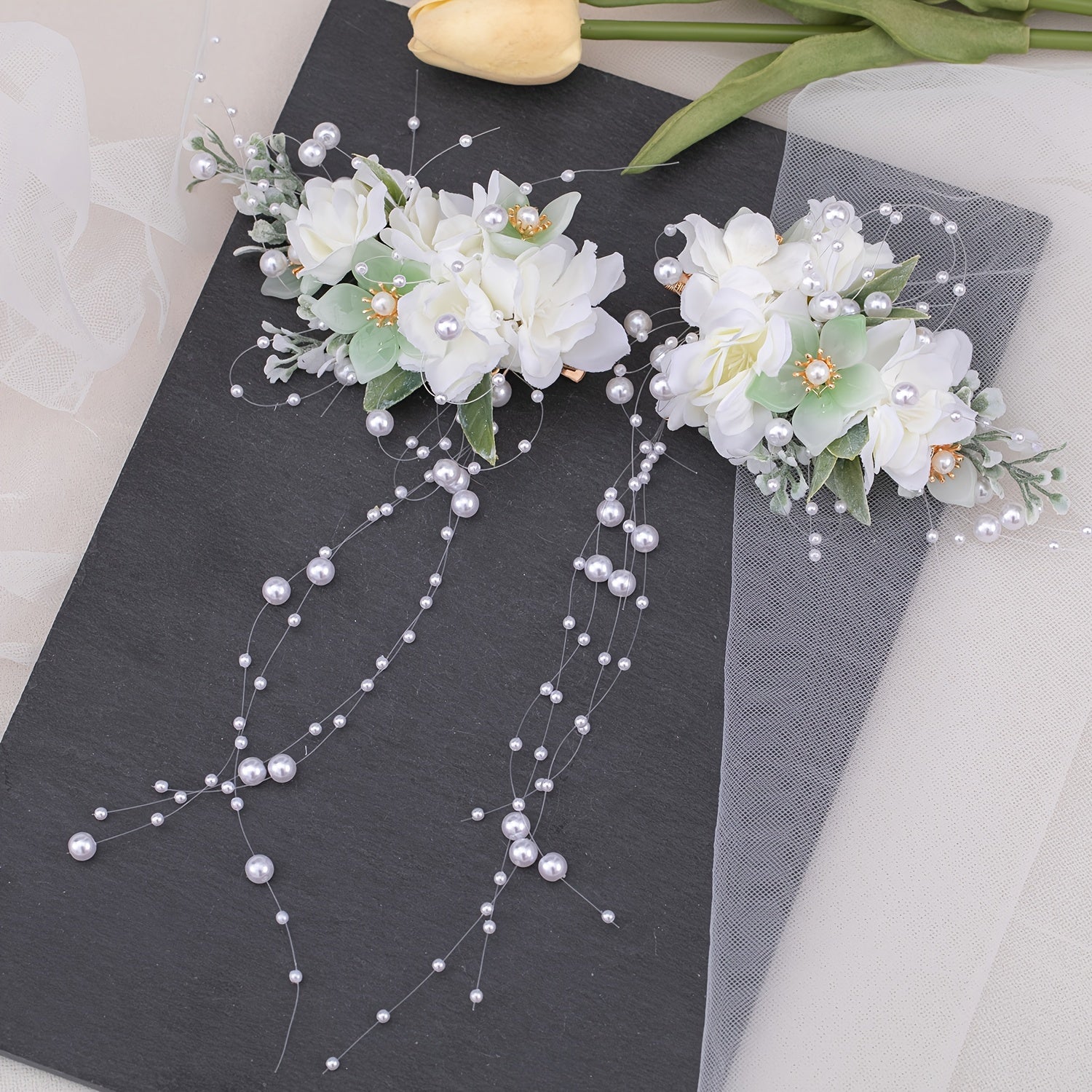 2pcs Flower & Tassel Hair Clip Faux Pearl Barrette Headwear