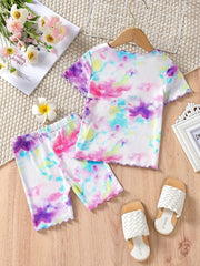 Toddler Girls Tie Dye Crew Neck Pullover & Shorts Set