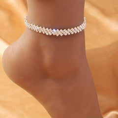 Rhinestone Beaded Tennis Chain Anklet Elastic Beach Ankle Bracelet