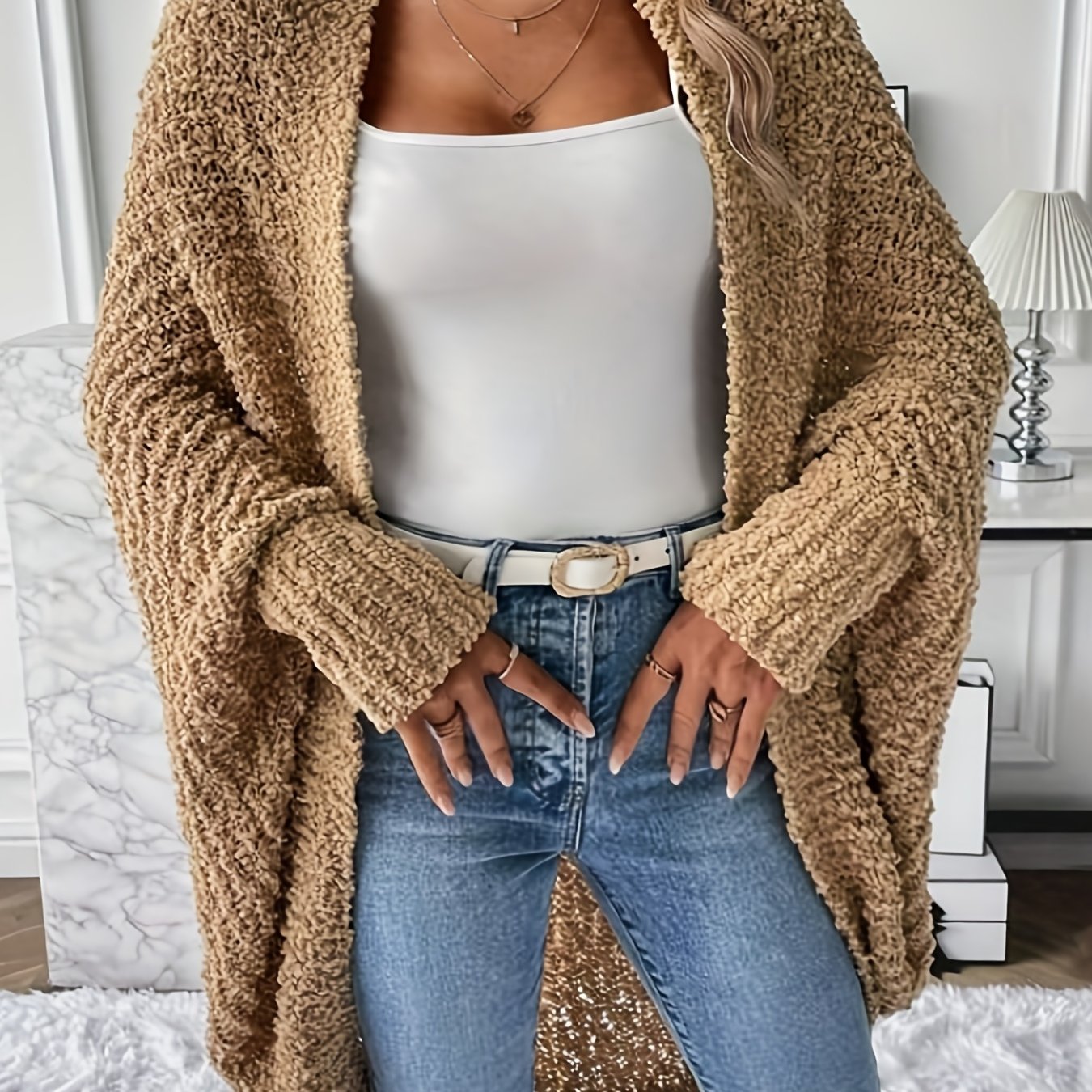  Solid Pom pom Batwing Sleeve Open Front Cardigan