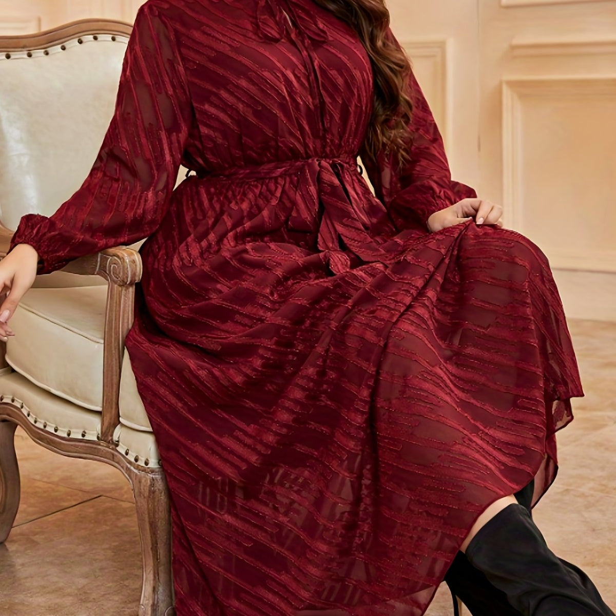  Women's Striped Lantern Sleeve Dress With Belt