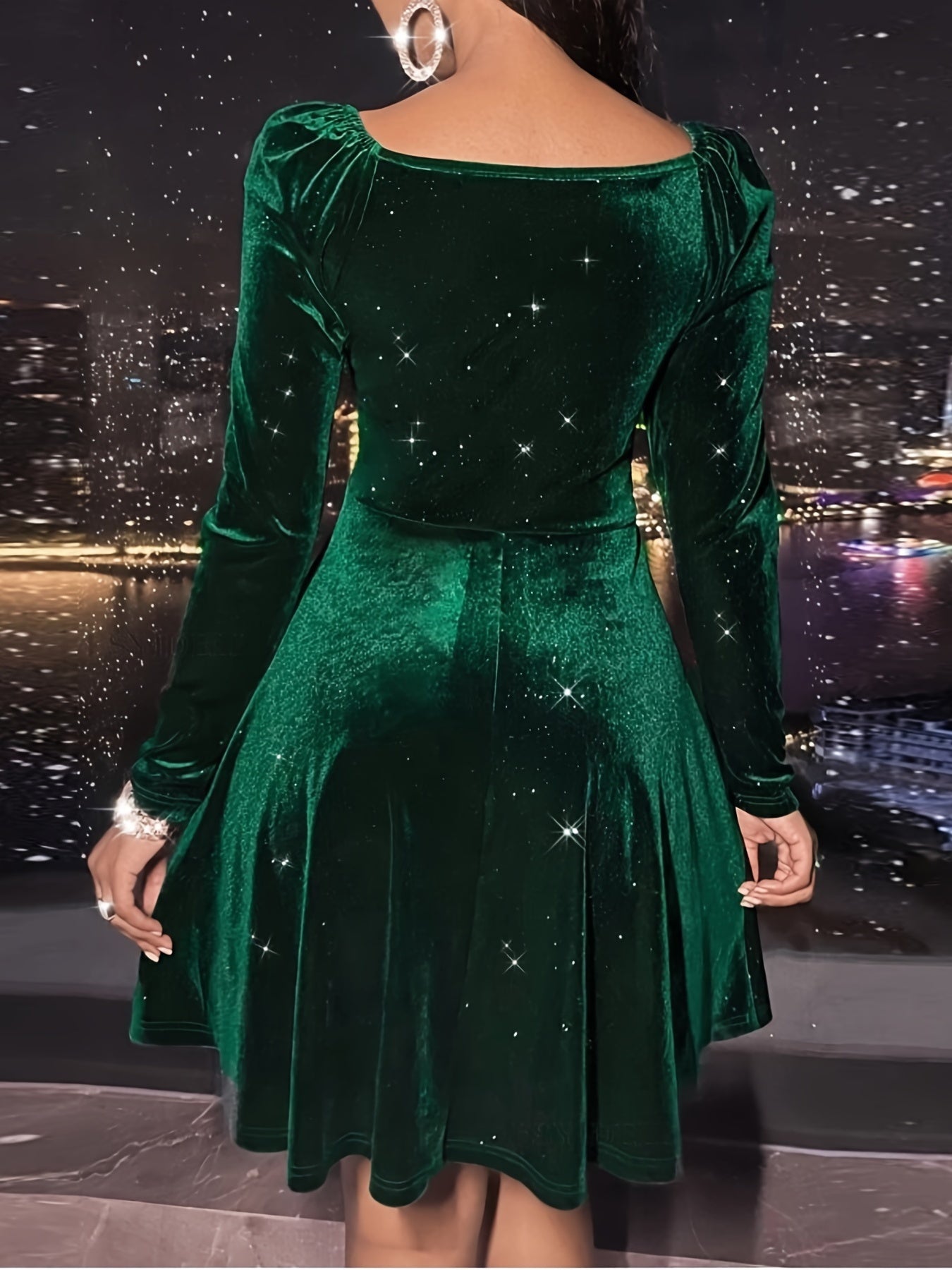  Velvet Ruched Long Sleeve V Neck A line Dress