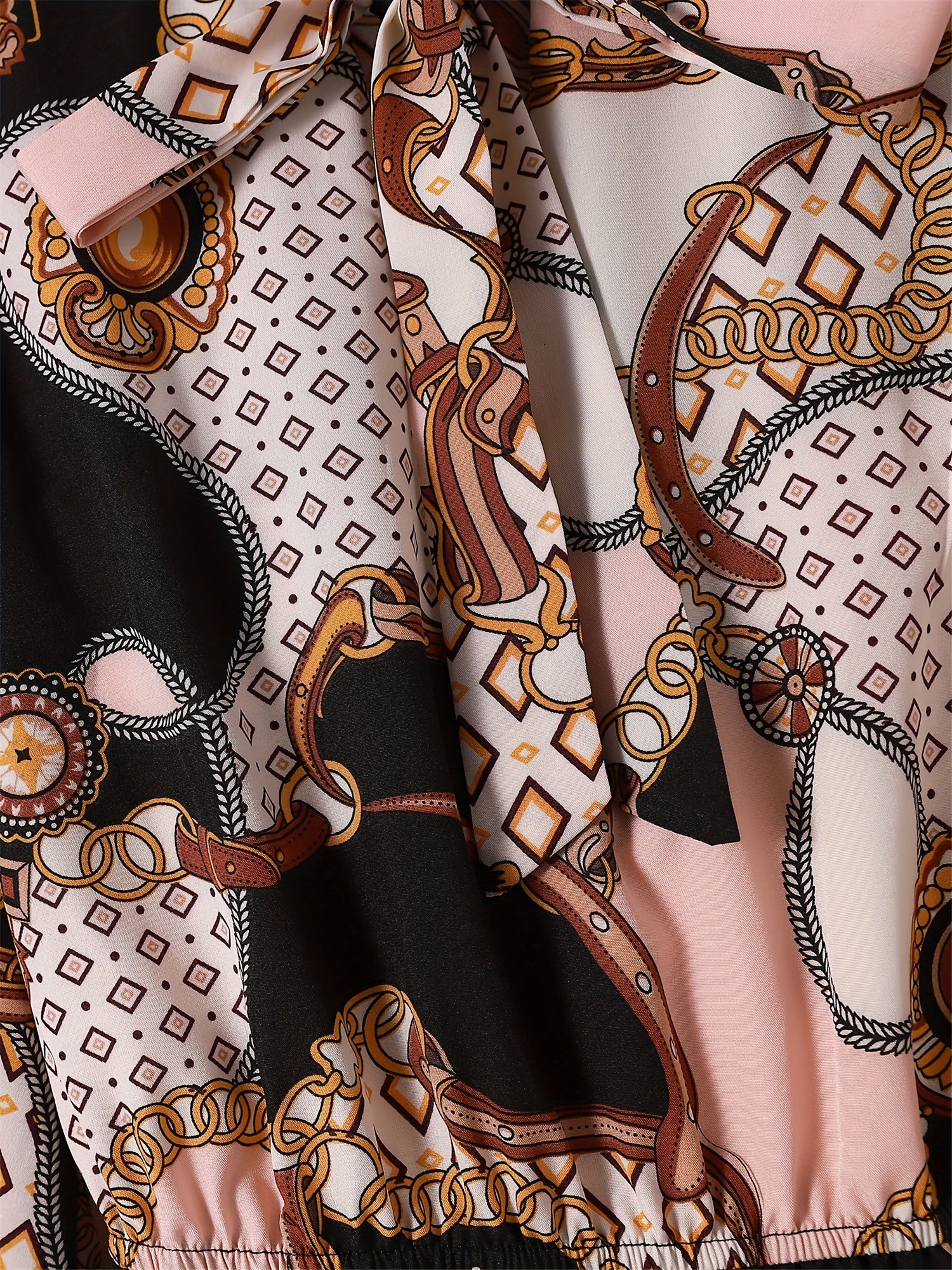  Colorblock Geometric Print Lantern Sleeve Smock Dress