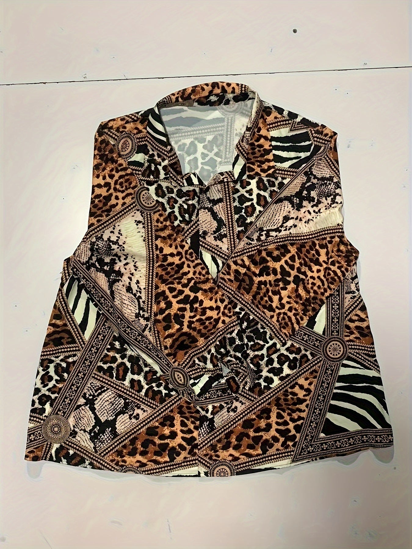  Colorblock Leopard Print Button Up Lantern Sleeve Blouse