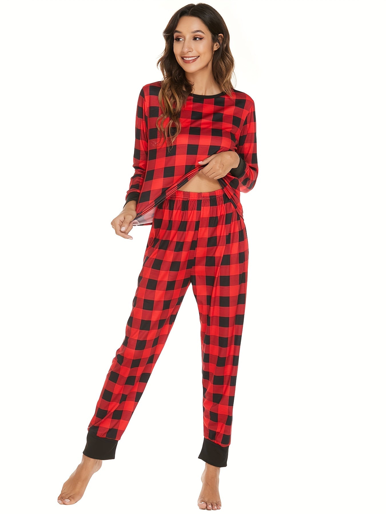 Plaid Christmas Lounge Set Long Sleeve Top & Pants Women's Loungewear
