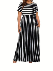  Stripe Print Short Sleeve Round Neck Maxi Dress