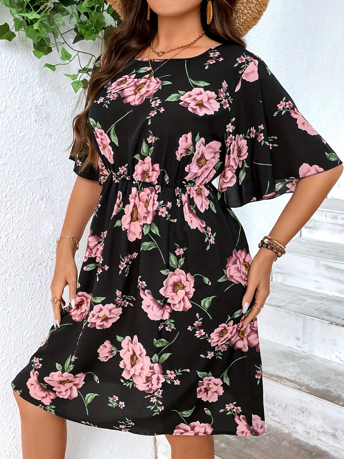 Floral Print Plus Size Short Sleeve Dress